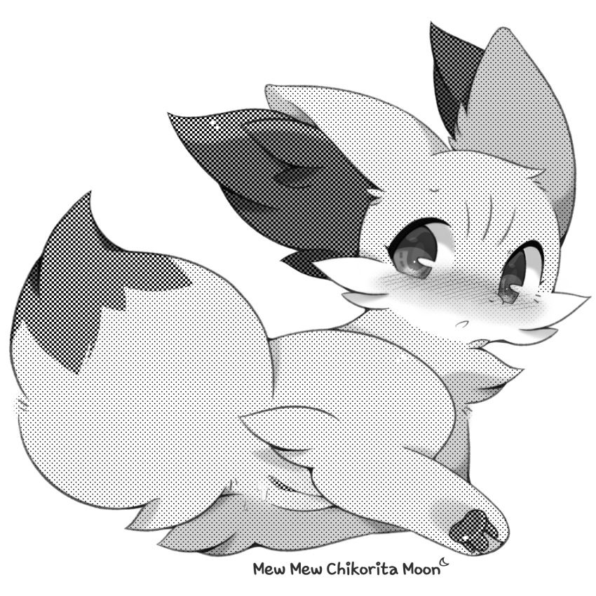 1:1 blush chikorita_moon dipstick_tail dithering female fennekin feral greyscale hi_res inner_ear_fluff looking_at_viewer looking_back monochrome multicolored_tail nintendo pawpads pok&eacute;mon pok&eacute;mon_(species) pussy snout solo video_games