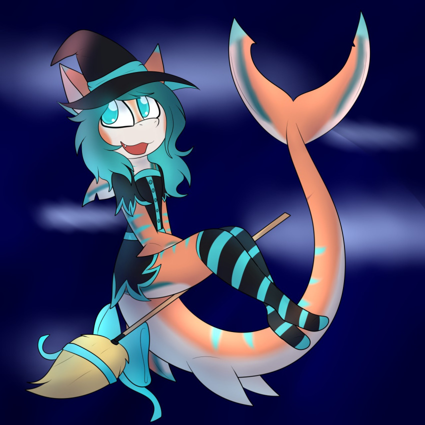 1:1 2018 ambiguous_gender anthro blue_eyes blue_hair broom clothed clothing colin_(anonymous3355) costume digital_media_(artwork) fish hair halloween hat headgear headwear hi_res holidays legwear liuthekitty775 long_hair magic_user marine open_mouth shark simple_background smile solo stockings witch witch_hat