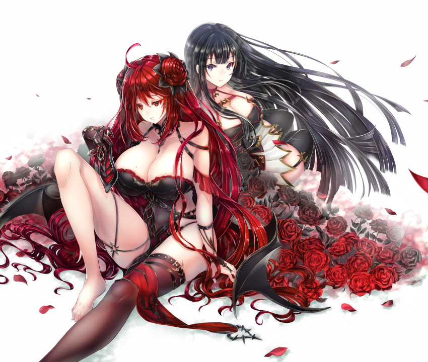 2girls ahoge artist_request bare_shoulders barefoot black_hair breasts cleavage double_bun erze_(king's_raid) flower king's_raid large_breasts long_hair medium_breasts multiple_girls purple_eyes red_eyes red_flower red_hair red_rose rose rose_(flower) seria_(king's_raid) shiny shiny_hair shiny_skin siblings single_thighhigh sisters skirt thighhighs very_long_hair