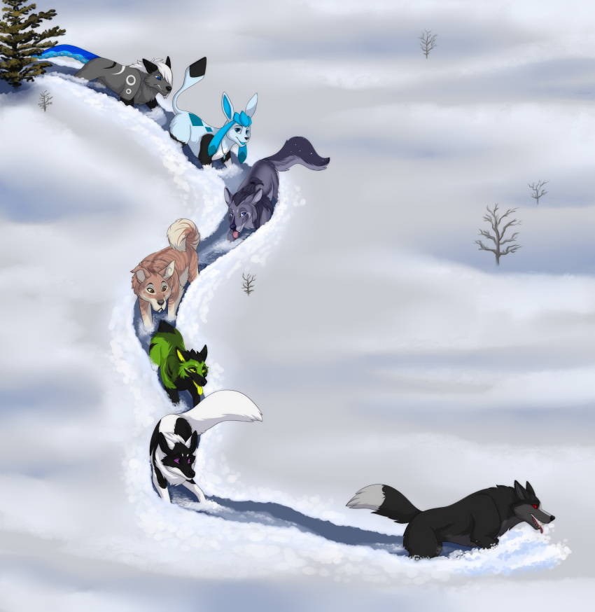 2019 absurd_res ambiguous_gender black_fur black_nose blue_eyes blue_fur brown_fur canid canine canis detailed_background digital_media_(artwork) dipstick_tail domestic_dog eeveelution fan_character feral fluffy fluffy_tail following fur furrypur glaceon green_fur green_tongue group hi_res high-angle_view looking_at_another looking_up mammal multicolored_tail nintendo outside pok&eacute;mon pok&eacute;mon_(species) purple_sclera quadruped red_sclera smile snow tentacle_tail tentacles tongue tongue_out trail tree tuft video_games white_fur winter wolf zetsin