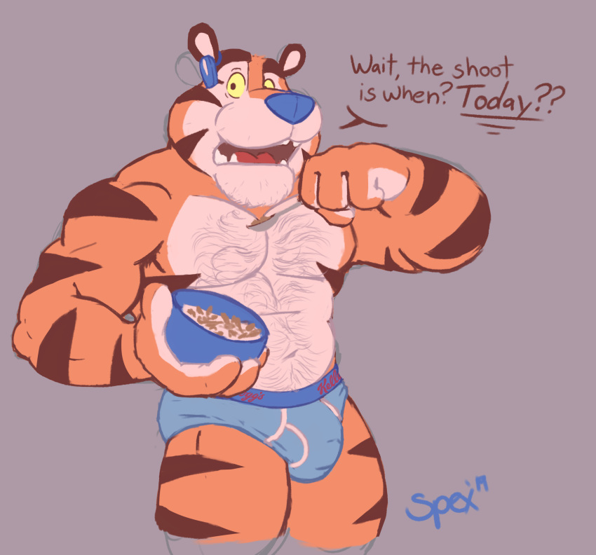 2019 absurd_res anthro armpit_hair blue_nose body_hair briefs bulge clothed clothing felid frosted_flakes hi_res kellogg's male mammal mascot muscular muscular_male navel pantherine pecs solo spectral-bat stripes tiger tony_the_tiger topless underwear