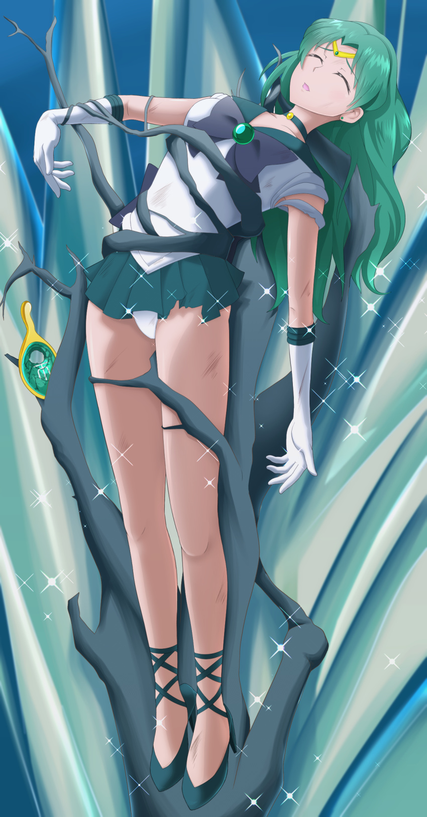 1girl absurdres arched_back bangs bishoujo_senshi_sailor_moon blush bow breasts choker collarbone earrings elbow_gloves eyebrows eyebrows_visible_through_hair eyes_closed gloves green_footwear green_hair green_neckwear green_skirt hair_intakes high_heels highres injury jewelry kaiou_michiru leotard long_hair maraca-timeserv medium_breasts miniskirt open_mouth panties pantyshot pleated_skirt restrained sailor_neptune sailor_senshi_uniform school_uniform serafuku shiny shiny_hair shiny_skin shirt shoes skirt solo thighs tiara torn_clothes torn_shirt torn_skirt unconscious underwear white_gloves white_leotard white_panties