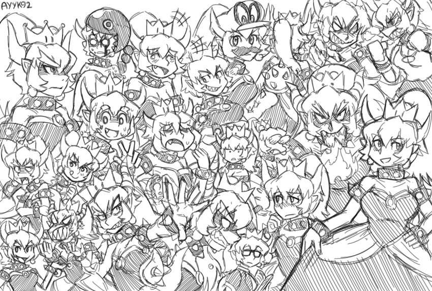 ayyk92 black_collar black_dress bowsette bracelet breathing_fire cappy_(mario) chain_chomp collar dress earrings facial_hair fake_facial_hair fake_mustache fingernails fire genderswap glasses horns jewelry mario_(series) monochrome multiple_girls mustache new_super_mario_bros._u_deluxe nintendo pointy_ears sharp_fingernails sharp_teeth spiked_armlet spiked_bracelet spiked_collar spiked_shell spikes strapless strapless_dress super_crown super_mario_bros. teeth transformation turtle_shell