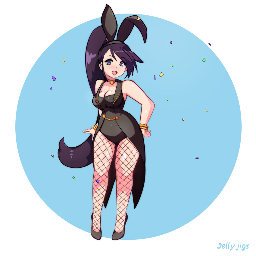1girl animal_ears artist_name bangle bare_arms bare_shoulders black_footwear black_hairband black_leotard bracelet breasts bunny_ears bunny_girl choker circle cleavage coattails collarbone confetti dragon_quest dragon_quest_xi fang fishnet_pantyhose fishnets full_body gold_trim hairband heart heart_choker high_ponytail highres jellyjigs jewelry legs leotard long_hair looking_at_viewer martina_(dq11) open_mouth pantyhose pink_choker purple_eyes purple_hair solo standing unaligned_ears very_long_hair