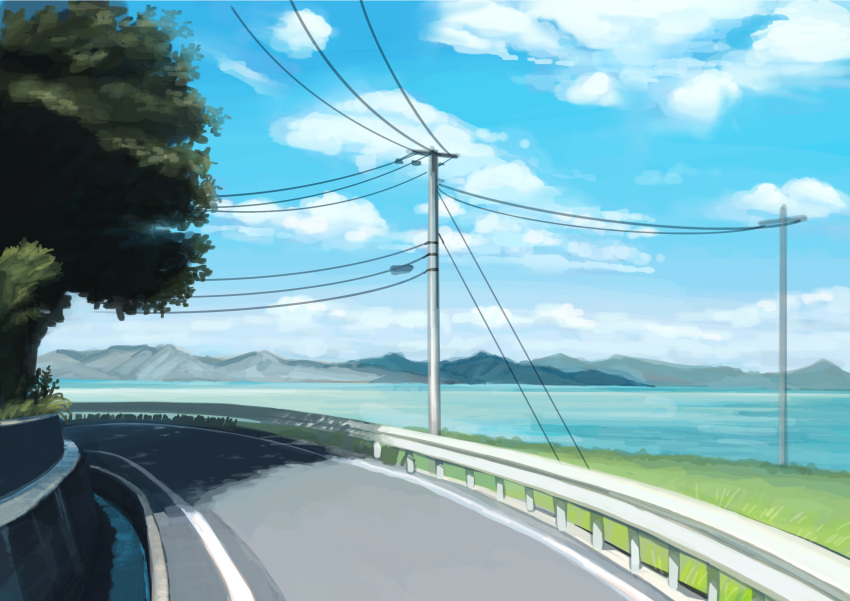 blue_sky cloud cloudy_sky day grass highres kasa_list lake mountain no_humans original outdoors power_lines railing road scenery shade sky telephone_pole tree water