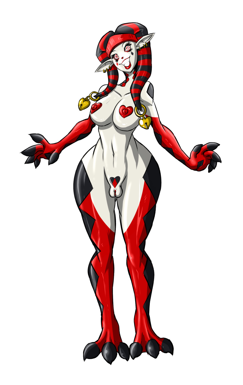 2019 absurd_res alien bell big_breasts breasts clown ear_piercing ear_ring feet female hi_res huge_breasts hypnosis jester mind_control nipples piercing pierrot pointy_ears pussy red_eyes red_lips ryonoxxx sangria_(vladimirpootis) simple_background smile spiral_eyes standing tattoo thick_thighs white_background white_skin wide_hips