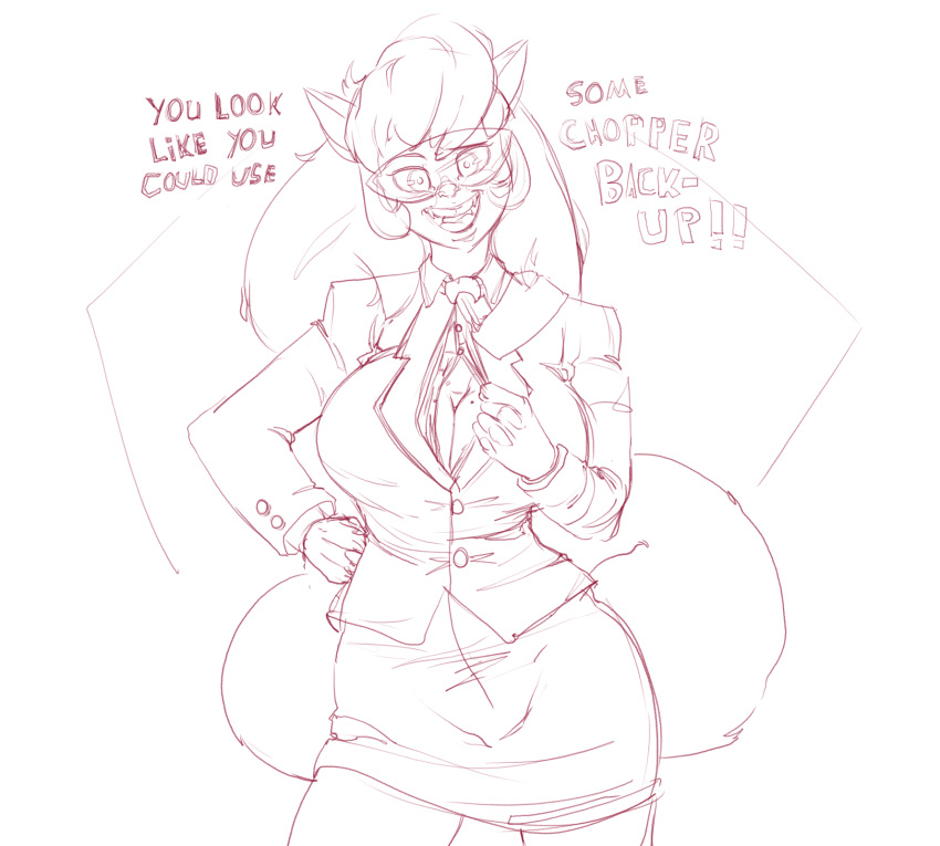 anthro bottomwear breasts callie_briggs cleavage clothed clothing dialogue domestic_cat felid feline felis female hanna-barbera hi_res jacket mammal mole_(marking) monochrome necktie seductive skirt suit swat_kats van_(artist)