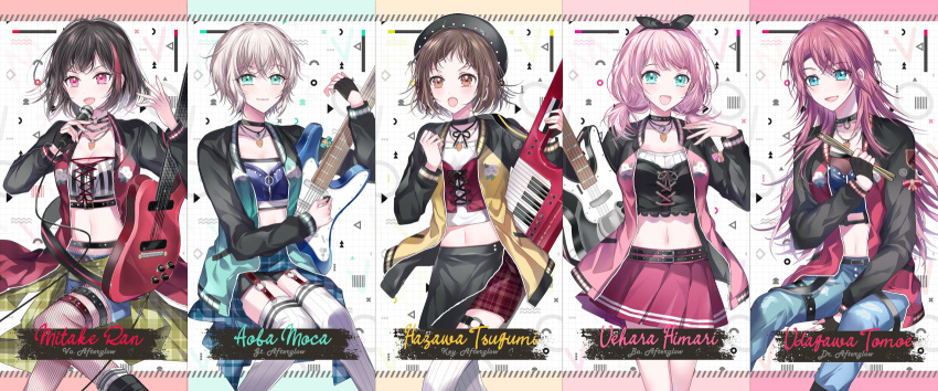 5girls :d :o afterglow_(bang_dream!) aoba_moca aqua_jacket bang_dream! bangs bass_guitar belt beret between_legs black_choker black_gloves black_hair black_headwear black_ribbon black_shirt blue_eyes blue_shirt bob_cut brown_eyes brown_hair character_name choker clenched_hand clothes_around_waist commentary_request crop_top cross-laced_clothes denim drumsticks electric_guitar fingerless_gloves fishnet_legwear fishnets garter_straps gloves green_eyes grey_hair group_name guitar hair_ribbon hand_between_legs hat hazawa_tsugumi highres holding holding_instrument holding_microphone instrument invisible_chair jacket jeans jewelry keytar long_hair long_sleeves looking_at_viewer low_twintails microphone midriff mitake_ran multicolored_hair multiple_girls navel nennen open_mouth pants pendant pink_hair pink_jacket pink_skirt plaid plaid_shirt pleated_skirt raglan_sleeves red_eyes red_hair red_jacket red_shirt ribbon shirt shirt_around_waist short_hair short_shorts shorts single_fingerless_glove sitting skirt smile streaked_hair striped striped_shirt thigh_strap thighhighs twintails udagawa_tomoe uehara_himari v-shaped_eyebrows vertical-striped_shirt vertical_stripes yellow_jacket yellow_shirt