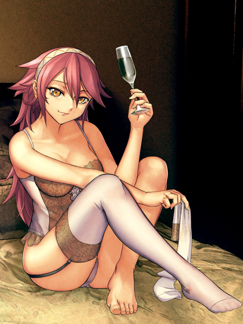 1girl alba bed bedroom breasts cup drinking_glass fire_emblem fire_emblem_heroes fire_emblem_if garter_straps hair_between_eyes hairband highres large_breasts lingerie long_hair nightgown nintendo on_bed pink_hair seductive_smile sitting sitting_on_bed sleeveless smile soleil_(fire_emblem_if) solo thighhighs underwear white_legwear wine_glass yellow_eyes