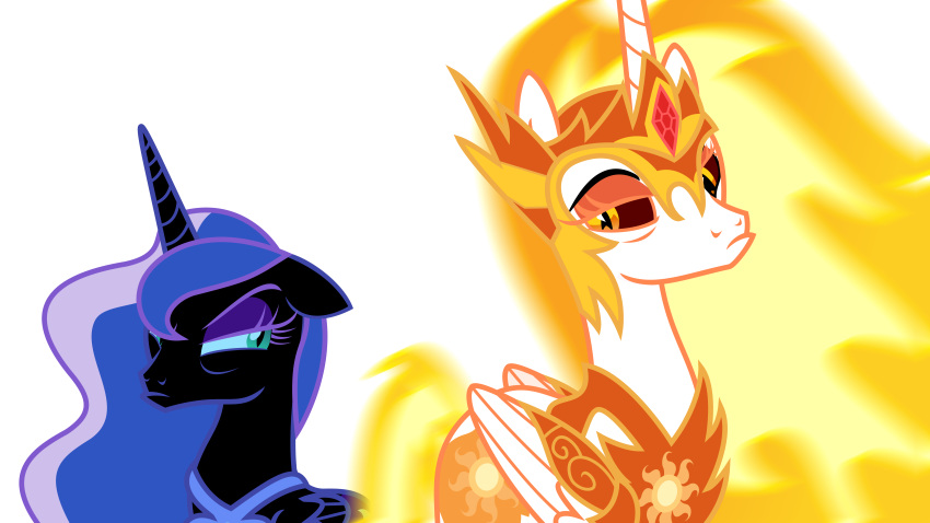 16:9 absurd_res amber_eyes angry annoyed crown daybreaker_(mlp) equid eyeshadow female friendship_is_magic hi_res horn jewelry makeup mammal my_little_pony necklace nightmare_moon_(mlp) orange_eyeshadow purple_eyeshadow sibling sister sisters sketchmcreations slit_pupils tiara vector winged_unicorn wings