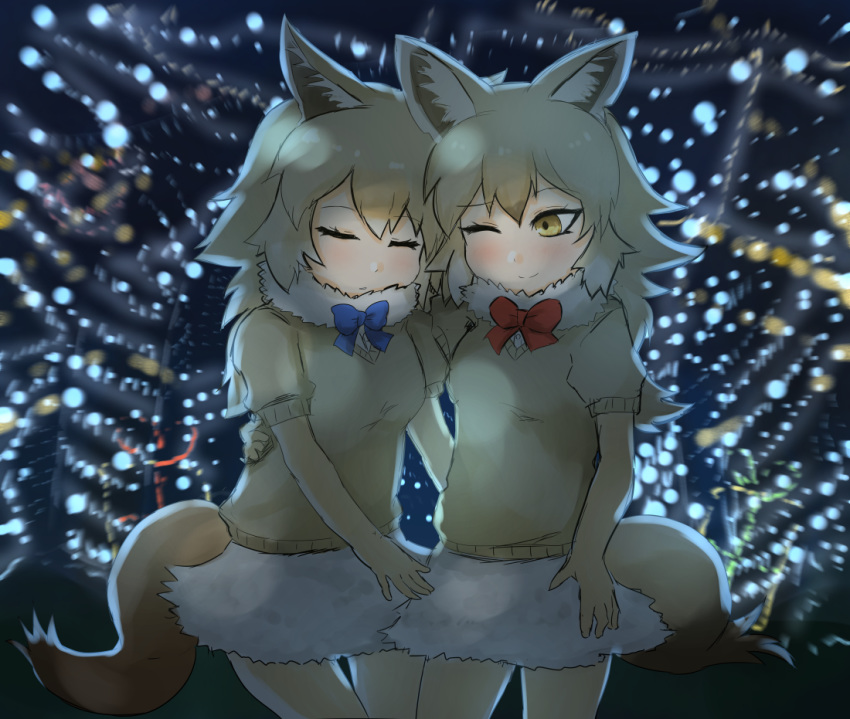 2017 5_fingers alulu_(kemono_friends) animal_humanoid armwear biped blonde_hair bottomwear bow_tie breasts brown_clothing brown_sweater brown_tail brown_topwear canid canid_humanoid canine canine_humanoid clothing cuddling digital_drawing_(artwork) digital_media_(artwork) elbow_gloves embrace eyebrows eyelashes eyes_closed female female/female fireworks fur_trim_(clothing) gloves hair humanoid humanoid_on_humanoid jackal_humanoid japanese kemono_friends kinko legwear light light_skin lighting long_hair looking_at_another looking_at_partner mammal one_eye_closed photo_background raised_eyebrow romantic_couple shadow skirt sleeping smile sweater tan_skin thigh_highs topwear two_tone_tail waist_grab white_bottomwear white_clothing white_skirt yaguruma yellow_eyes yellow_tail