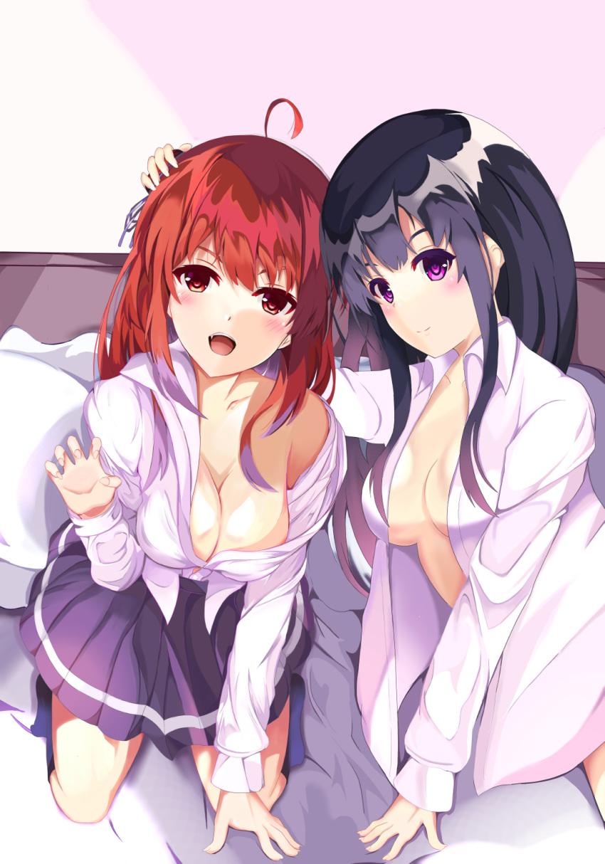 2girls ahoge artist_request bed black_hair blush breasts cleavage erze_(king's_raid) fang gradient_hair highres king's_raid large_breasts long_hair looking_at_viewer multicolored_hair multiple_girls no_bra open_mouth purple_eyes purple_hair red_eyes red_hair seria_(king's_raid) shiny shiny_hair shiny_skin siblings sisters skirt smile very_long_hair