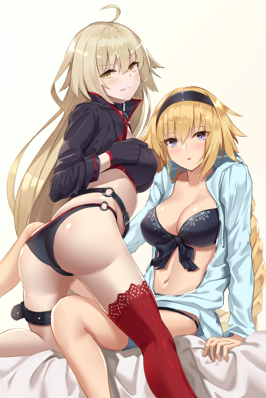 2girls :o ahoge arm_support ass bangs belt bikini black_bikini black_gloves blonde_hair blue_eyes blue_jacket blush braid breasts cleavage collarbone commentary_request fate/grand_order fate_(series) front-tie_bikini front-tie_top gloves hair_between_eyes hairband highres jacket jeanne_d'arc_(alter_swimsuit_berserker) jeanne_d'arc_(fate)_(all) jeanne_d'arc_(swimsuit_archer) large_breasts leg_belt long_hair long_sleeves looking_at_viewer looking_back medium_breasts monyu_(monyupop) multiple_girls navel open_clothes open_jacket parted_lips red_legwear shrug_(clothing) single_braid single_thighhigh sitting smile stomach swimsuit thighhighs thighs very_long_hair yellow_eyes
