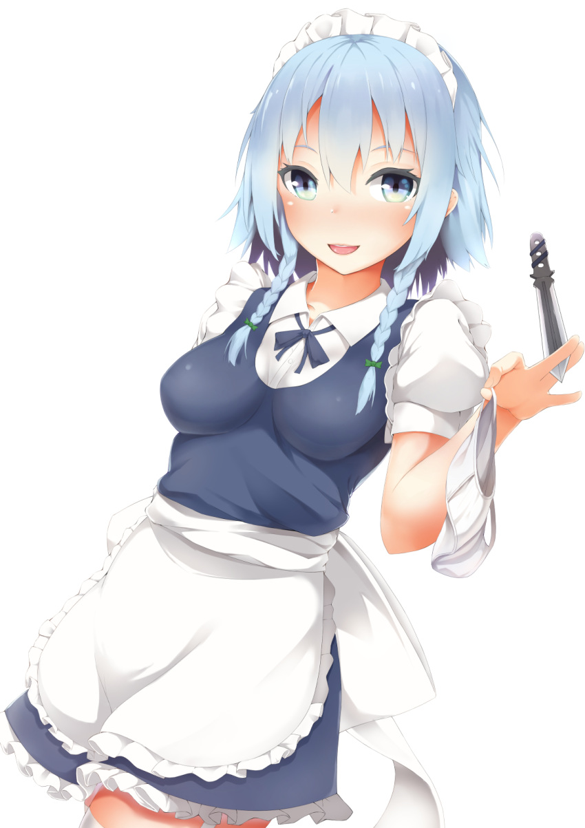 1girl :d apron blue_eyes blue_hair blue_neckwear blue_ribbon blush bow braid breasts commentary_request cowboy_shot dress frilled_apron frills green_bow hair_bow highres holding holding_knife holding_panties holding_weapon izayoi_sakuya knife knives_between_fingers looking_at_viewer maid maid_apron maid_headdress medium_breasts neck_ribbon open_mouth panties petticoat puffy_short_sleeves puffy_sleeves ribbon shirt short_dress short_hair short_sleeves simple_background smile solo standing tatsumiya_kagari thighhighs touhou twin_braids underwear waist_apron weapon white_apron white_background white_legwear white_panties white_shirt zettai_ryouiki