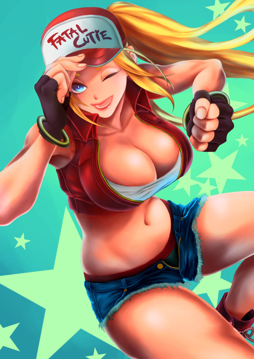 1girl absurdres blonde_hair blue_eyes breasts cleavage fatal_fury genderswap highres large_breasts long_hair looking_at_viewer navel one_eye_closed open_mouth smile snk_heroines:_tag_team_frenzy solo terry_bogard