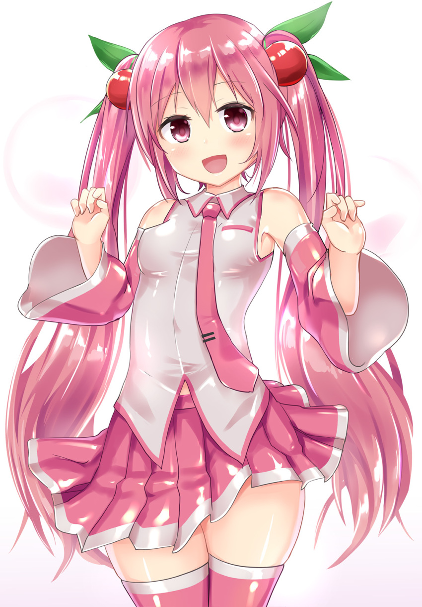 1girl :d bare_shoulders blush breasts cherry_hair_ornament commentary_request cowboy_shot detached_sleeves fingernails food_themed_hair_ornament hair_ornament hands_up hatsune_miku head_tilt highres long_hair long_sleeves looking_at_viewer naka necktie open_mouth pink_hair pink_legwear pink_neckwear pink_skirt pink_sleeves pleated_skirt red_eyes sakura_miku shiny shiny_clothes shirt skirt sleeveless sleeveless_shirt small_breasts smile solo thighhighs tie_clip twintails very_long_hair vocaloid white_shirt wide_sleeves