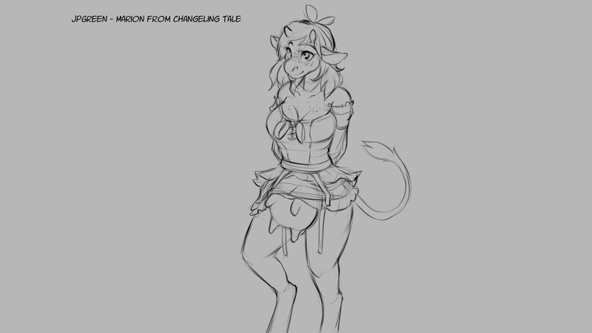 16:9 2019 anthro big_breasts blush bovid bovine breasts cattle changeling_tale clothing female freckles grey_background hair horn mammal marion_(changeling_tale) monochrome simple_background smile solo standing teats udders watsup
