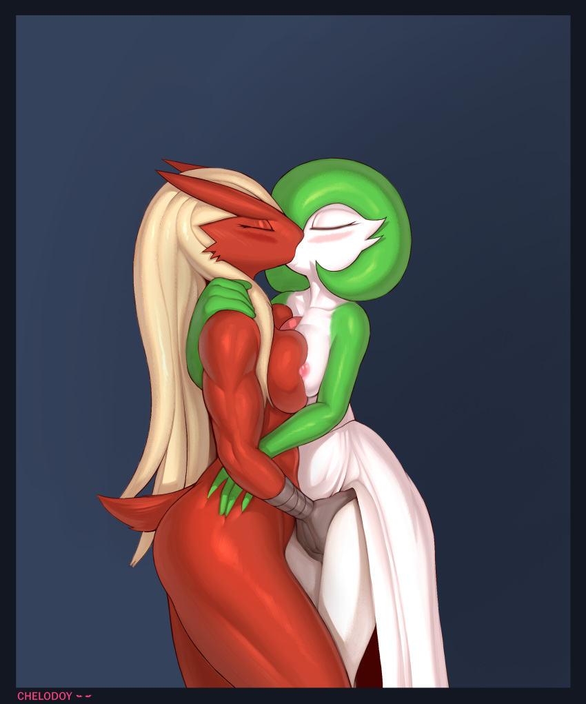 2019 absurd_res anthro blaziken blush breast_squish breasts breasts_frottage chelodoy duo embrace eyes_closed female female/female fingering fingering_partner gardevoir hand_behind_back hand_on_hip hi_res kissing muscular muscular_female nintendo nipples pok&eacute;mon pok&eacute;mon_(species) side_boob simple_background vaginal vaginal_fingering video_games