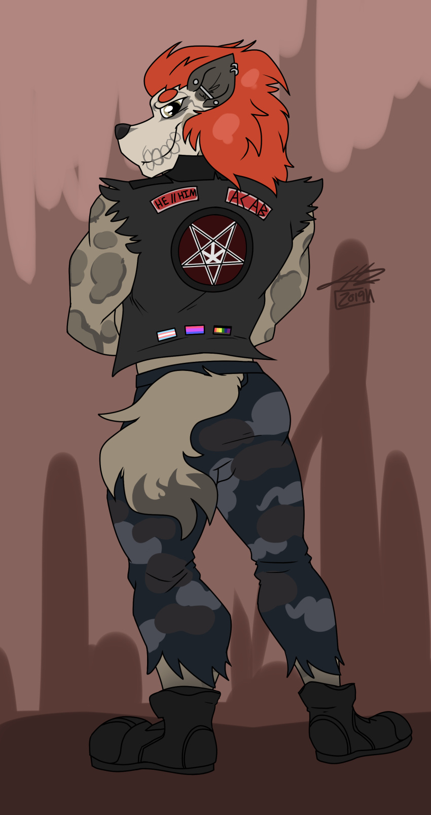 2019 absurd_res anthro black_nose clothed clothing digital_media_(artwork) forsburn from_behind_(disambiguation) fur hair hi_res hyaenid leather looking_at_viewer lovers_of_aether male mammal muscular muscular_male piercing pose rivals_of_aether simple_background skull smile solo spotted_hyena sylvanedadeer tattoo video_games