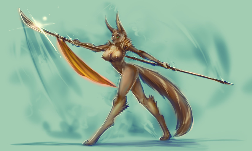 2019 anthro big_breasts breasts canid canine canis digitigrade female green_background mammal melee_weapon navel nipples nude polearm simple_background solo spear standing watsup weapon wolf