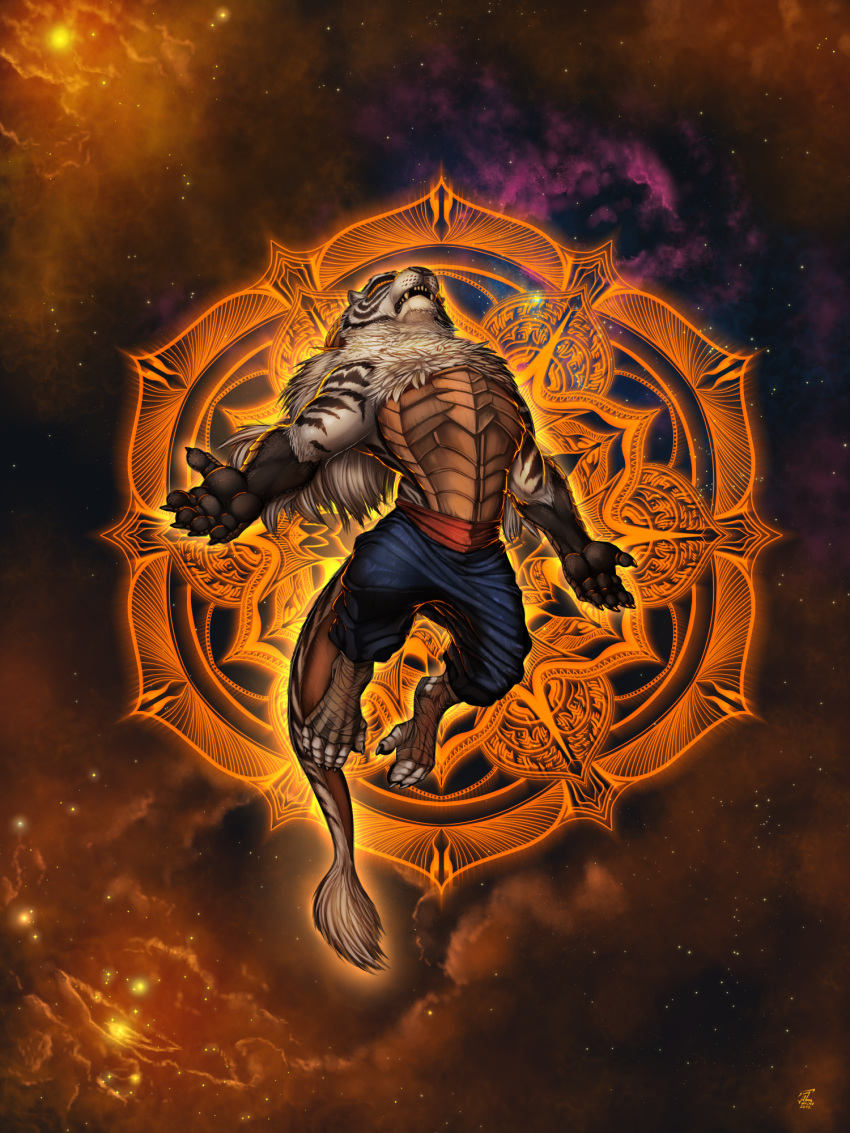 2019 5_fingers barefoot black_nose clothed clothing cosmic_background detailed_background digital_media_(artwork) dragon felid hi_res hybrid jackrow male mammal open_mouth pantherine reptile scales scalie solo tiger topless