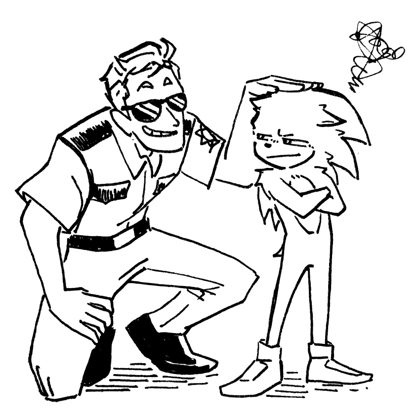 2boys :| annoyed closed_mouth full_body greyscale hailey_lain hedgehog highres monochrome multiple_boys petting police police_uniform simple_background sketch smile sonic sonic_the_hedgehog sonic_the_hedgehog_(movie) standing tom_wachowski uniform white_background