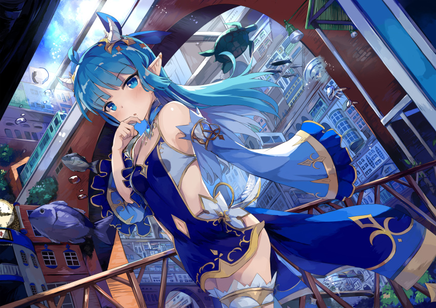 1girl :o ahoge air_bubble animal blue_dress blue_eyes blue_hair blue_sky blue_sleeves blush bubble building clock cloud cloudy_sky commentary_request day detached_sleeves dress dutch_angle fish floating_hair gradient_hair ground_vehicle highres jellyfish king's_raid lamp lilia_(king's_raid) long_hair long_sleeves looking_at_viewer multicolored_hair outdoors parted_lips pointy_ears roman_numerals seneto short_dress sky sleeveless sleeveless_dress sleeves_past_fingers sleeves_past_wrists solo train turtle underwater very_long_hair wide_sleeves window