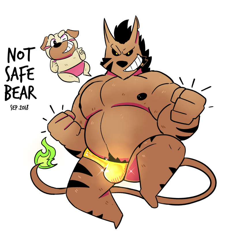 1:1 absurd_res anthro barazoku briefs canid canine canis clothing demon domestic_dog duo felid fire hi_res male mammal molosser muscular muscular_male nipples notsafebear pantherine pug slightly_chubby small_molosser speedo swimwear taoren tiger toy_dog underwear