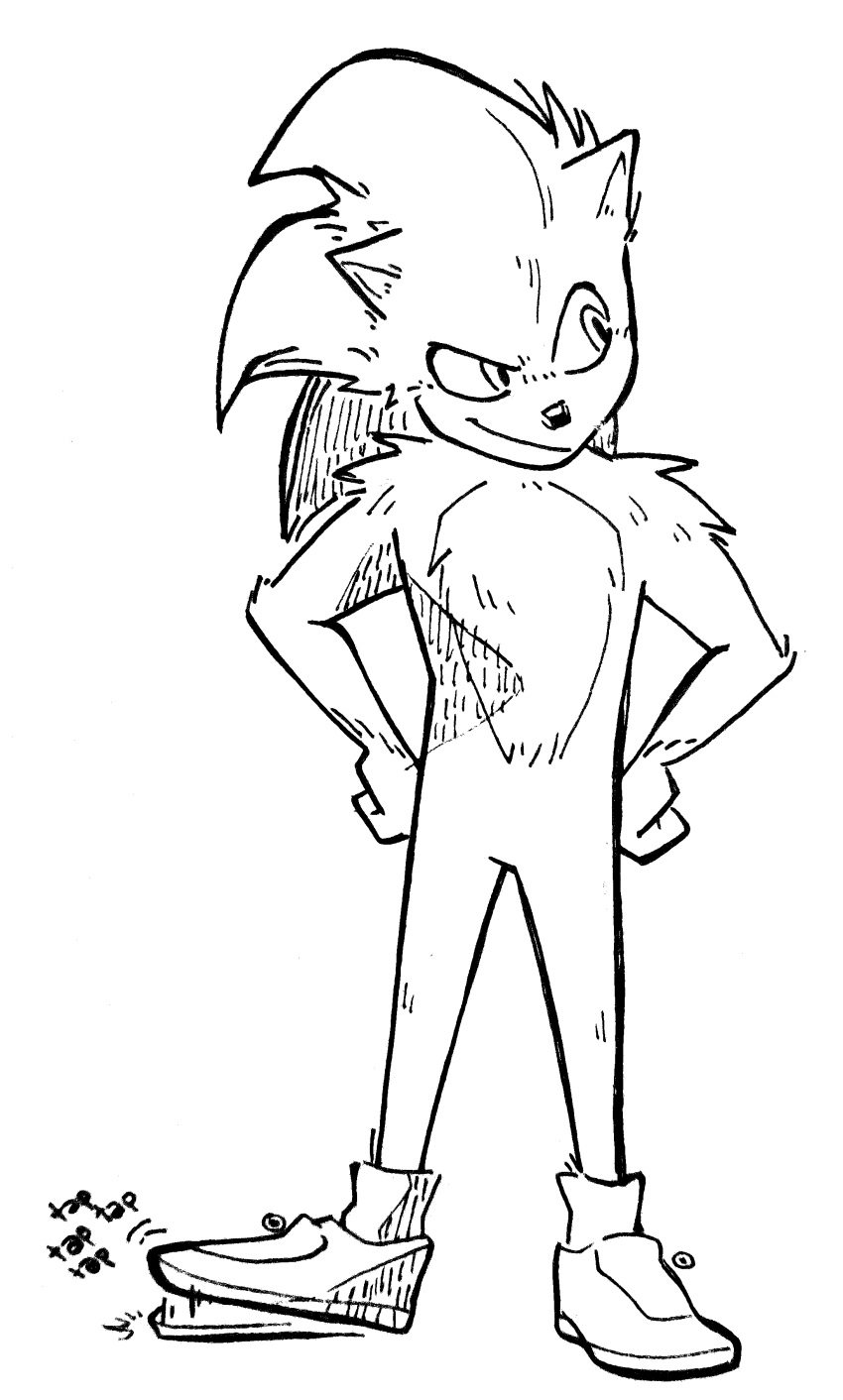 1boy absurdres closed_mouth full_body fur greyscale hailey_lain hedgehog highres looking_to_the_side monochrome personification simple_background sketch smile snout solo sonic sonic_the_hedgehog sonic_the_hedgehog_(movie) standing white_background