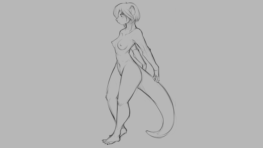16:9 2018 anthro breasts female grey_background hair lutrine mammal monochrome mustelid navel nipples pussy short_hair simple_background solo standing watsup