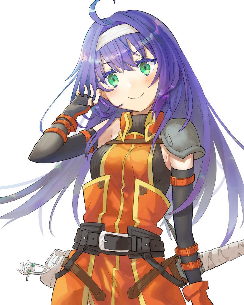 1girl absurdres ahoge belt black_gloves blue_hair closed_mouth elbow_gloves fingerless_gloves fire_emblem fire_emblem:_souen_no_kiseki gloves green_eyes hairband highres long_hair nintendo peppedayo_ne pouch sheath sheathed simple_background sleeveless smile solo upper_body wayu_(fire_emblem) white_background white_hairband