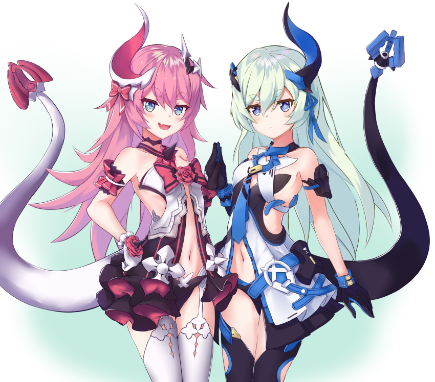 2girls :d bangs bare_shoulders black_gloves black_legwear black_panties blue_eyes blush breasts choker closed_mouth cowboy_shot fang garter_straps gloves green_hair hair_ornament hands_together highres honkai_(series) honkai_impact_3rd horn liliya_olyenyey long_hair looking_at_viewer mismatched_gloves multiple_girls navel open_mouth panties pink_hair pnt_(ddnu4555) revealing_clothes rozaliya_olyenyey siblings small_breasts smile standing stomach tail thick_eyebrows thighhighs twins underwear white_gloves white_legwear