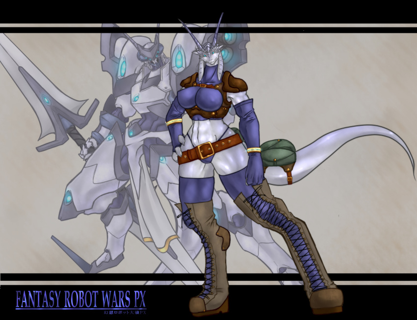 anthro armwear athletic belt big_breasts blue_clothing blue_eyes boots bracelet breasts clothing dragon elbow_gloves female fingerless_gloves footwear front_view full-length_portrait gloves grey_scales hand_on_hip hi_res horn jewelry ketsuneko legwear loincloth looking_at_viewer machine mecha melee_weapon nipple_outline portrait robot scales scalie shoulder_pads simple_background solo sword tail_belt thigh_boots thigh_highs thong tight_clothing weapon