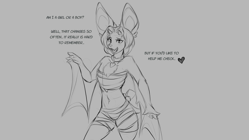 &lt;3 16:9 2019 ambiguous_gender anthro blush chiropteran collar dialogue english_text fur grey_background hair horn kullax looking_at_viewer mammal monochrome open_mouth short_hair simple_background solo talking_to_viewer text watsup wings