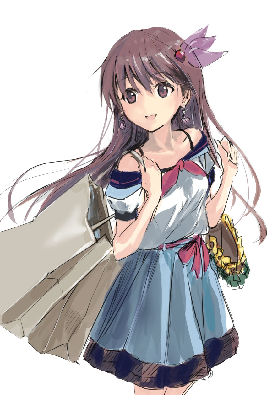 1girl absurdres alternate_costume bag blouse blue_skirt brown_eyes brown_hair casual chamu_(chammkue) cowboy_shot earrings hair_ornament highres jewelry kantai_collection kisaragi_(kantai_collection) long_hair looking_to_the_side off-shoulder_blouse open_mouth pleated_skirt shopping_bag simple_background skirt smile solo white_background white_blouse