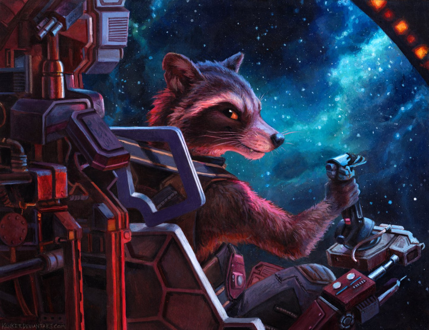 2019 5_fingers anthro black_nose brown_fur clothed clothing cute_fangs detailed_background digital_media_(artwork) fangs fluffy fur guardians_of_the_galaxy inner_ear_fluff joystick kenket looking_at_viewer mammal marvel notched_ear orange_eyes pilot procyonid raccoon rocket_raccoon sitting smile solo space spacecraft star vehicle whiskers