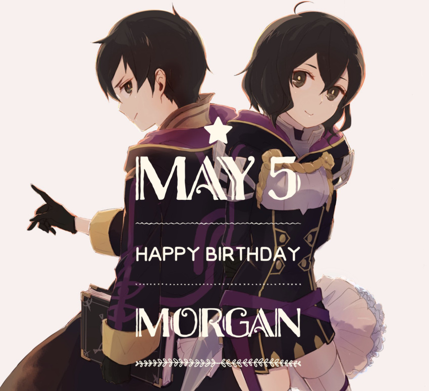 1boy 1girl black_gloves black_hair book character_name closed_mouth dress fire_emblem fire_emblem:_kakusei fire_emblem_heroes from_side gloves happy_birthday highres holding holding_book hood hood_down long_sleeves mamegohan mark_(female)_(fire_emblem) mark_(fire_emblem) mark_(male)_(fire_emblem) nintendo short_dress short_hair simple_background smile