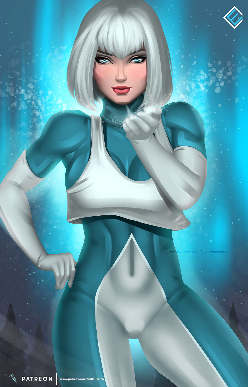 1girl absurdres artist_name blue_eyes bodysuit covered_navel dc_comics endlesscomics freckles gloves highres ice ice_(dc_comics) justice_league patreon_logo patreon_username snowing solo tora_olafsdotter watermark web_address white_hair