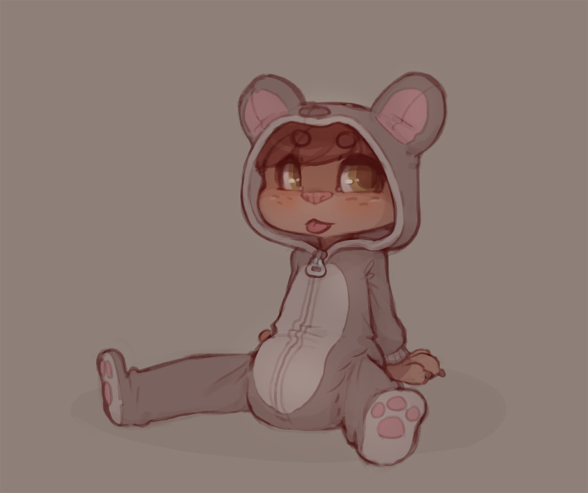 2019 ambiguous_gender anthro clothed clothing costume cub diaper green_eyes grey_background hi_res looking_away mammal pink_nose simple_background sitting skidoo tongue young zipper