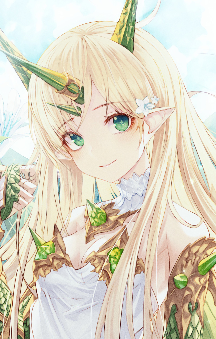 1girl absurdres bare_shoulders blonde_hair blush breasts cleavage closed_mouth collarbone diamond-shaped_pupils eyebrows_visible_through_hair flower green_eyes highres horns long_hair looking_at_viewer medium_breasts okazu_(eightstudio) original pointy_ears smile solo symbol-shaped_pupils very_long_hair