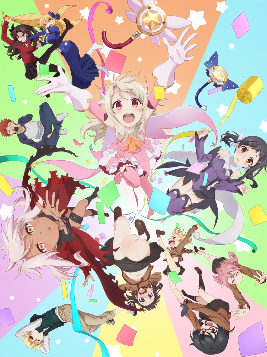 2boys 6+girls armpits arms_up black_hair blonde_hair blush capelet child_gilgamesh chloe_von_einzbern confetti convenient_censoring dark_skin drinking emiya_shirou eyes_closed fate/kaleid_liner_prisma_illya fate_(series) gakumazawa_tatsuko glasses highres homurahara_academy_uniform illyasviel_von_einzbern kaleidostick katsura_mimi key_visual kurihara_suzuka leotard long_hair looking_at_viewer luviagelita_edelfelt magical_girl magical_ruby magical_sapphire miyu_edelfelt moriyama_nanaki multiple_boys multiple_girls navel official_art one_eye_closed open_mouth pink_hair pleated_skirt prisma_illya red_eyes school_uniform skirt smile thighhighs tohsaka_rin upper_teeth white_hair