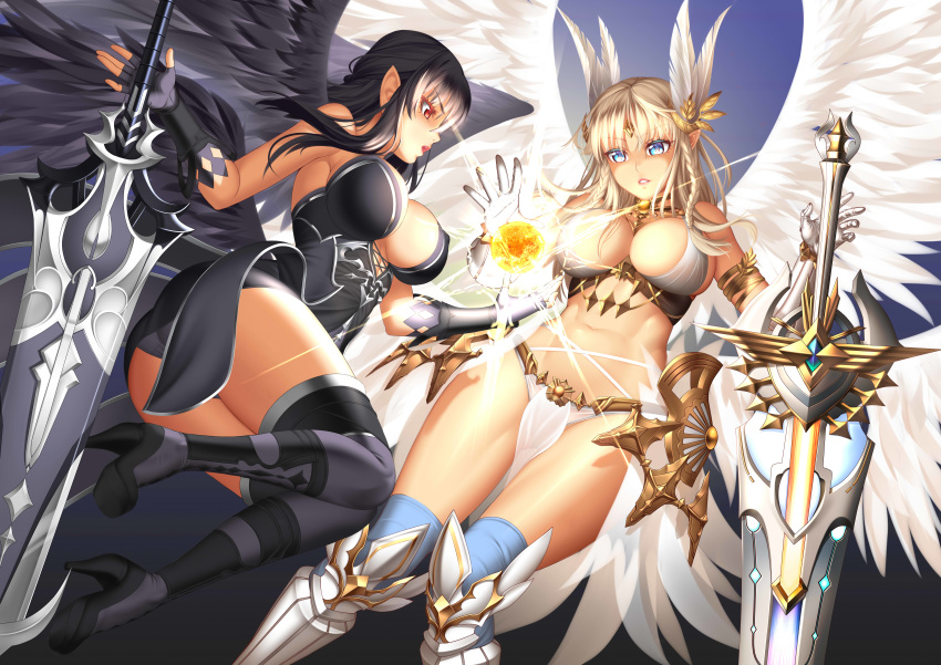 2girls absurdres angel angel_wings armor armored_dress aselica_(king's_raid) ass bikini_armor black_hair blonde_hair blue_eyes boots braid breasts dress dual_persona fingerless_gloves from_behind gloves highres king's_raid large_breasts long_hair lucknight multiple_girls open_mouth panties parted_lips pointy_ears red_eyes short_dress sword thigh_boots thighhighs underwear upskirt weapon wings