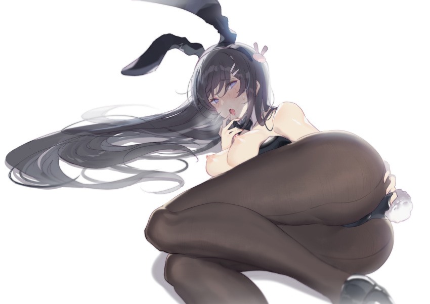 1girl animal_ears ass black_hair blush bow bowtie breasts bunny_ears bunny_girl bunny_tail bunnysuit commentary_request domotolain eyebrows_visible_through_hair hair_ornament hairclip hand_on_own_ass hand_to_own_mouth high_heels leotard leotard_pull long_hair looking_at_viewer lying medium_breasts nipples open_mouth pantyhose purple_eyes sakurajima_mai seishun_buta_yarou simple_background solo tail tongue tongue_out white_background wing_collar