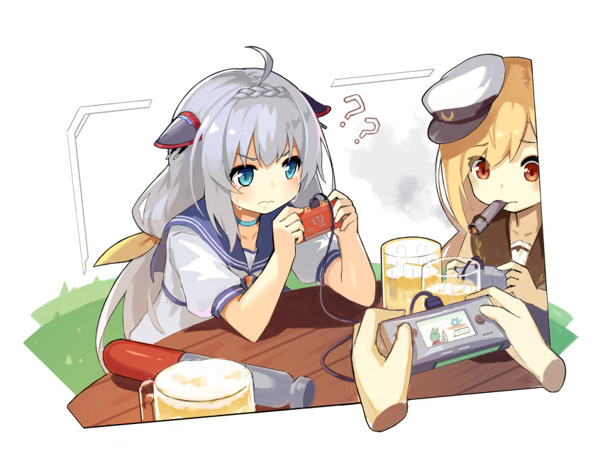 2girls ? admiral_scheer_(warship_girls_r) ahoge alcohol bangs beer beer_mug blonde_hair blue_eyes blue_sailor_collar blush braid cigar claxton_(warship_girls_r) collarbone confused creatures_(company) crying crying_with_eyes_open cup elbows_on_table eyebrows_visible_through_hair floating_hand game_boy_micro game_console game_freak hair_between_eyes hair_ornament hair_ribbon handheld_game_console hat highres holding link_cable lino-lin long_hair military_hat mug multiple_girls nintendo outdoors peaked_cap playing_games pokemon red_eyes ribbon sailor_collar school_uniform serafuku shirt short_sleeves silver_hair simple_background sitting smoke smoking streaming_tears table tears torpedo uniform video_game warship_girls_r white_headwear white_shirt wooden_table