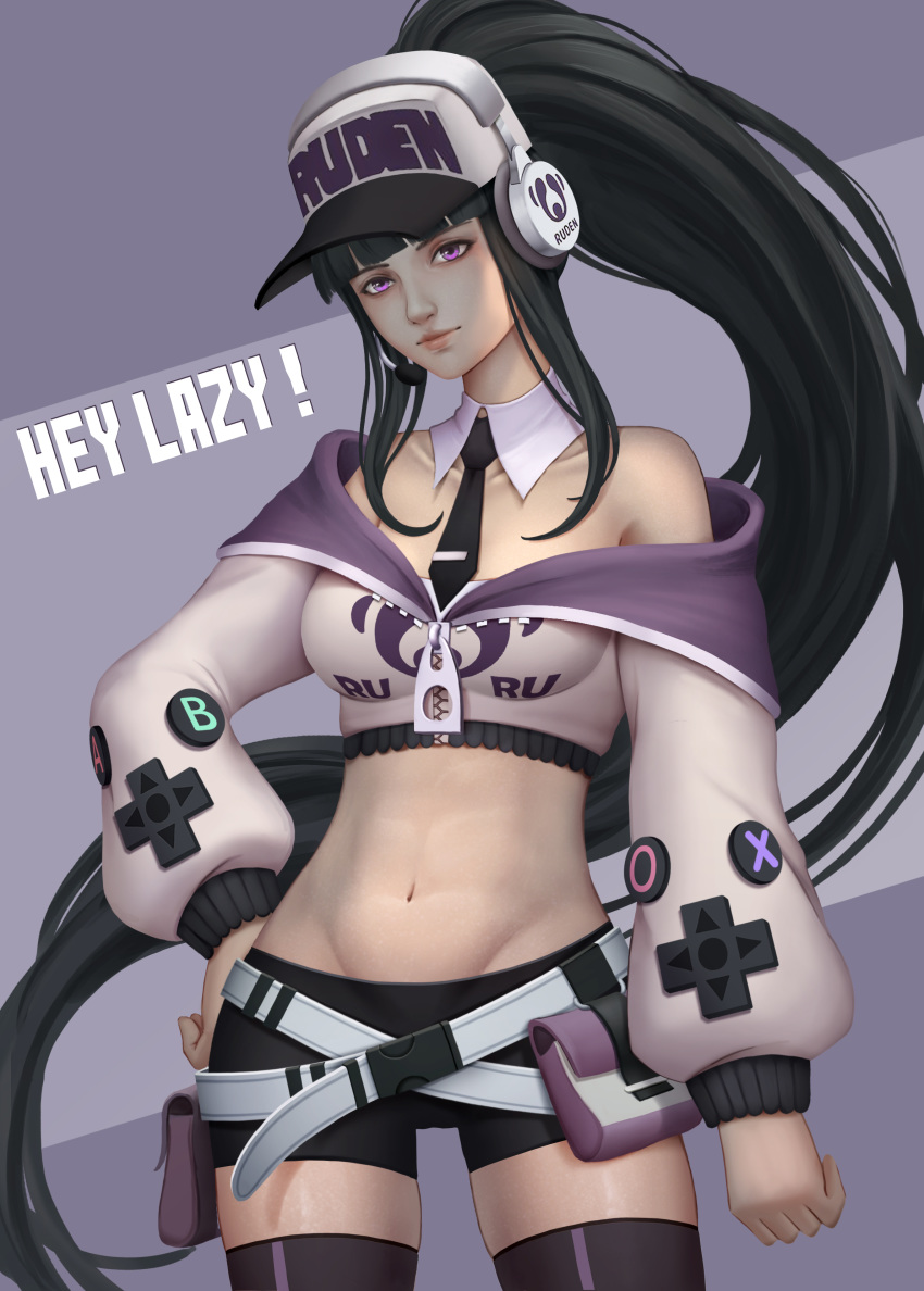 1girl absurdres bangs bare_shoulders baseball_cap belt belt_pouch bike_shorts black_hair black_legwear black_shorts blunt_bangs borrowed_character breasts clothes_writing collarbone commentary_request contrapposto cropped_jacket d-pad detached_collar english_text groin hand_on_hip hat head_tilt headphones headset high_ponytail highres jarilo lanmei lips long_hair long_sleeves looking_at_viewer lowleg lowleg_shorts medium_breasts multiple_belts navel necktie nose off-shoulder_sweater off_shoulder original pouch purple_eyes short_shorts shorts solo standing sweater thighhighs tie_clip unzipped very_long_hair zipper_pull_tab