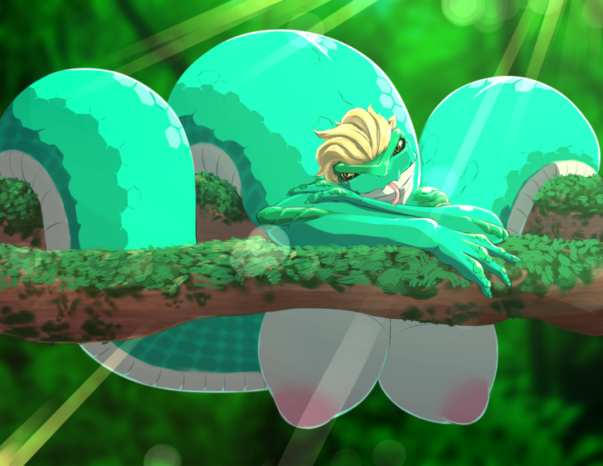 anthro bent_over big_breasts blonde_hair breasts crossed_arms detailed_background fdokkaku female forest green_scales hair hanging_breasts huge_breasts looking_at_viewer naga reptile scales scalie snake tongue tongue_out tree
