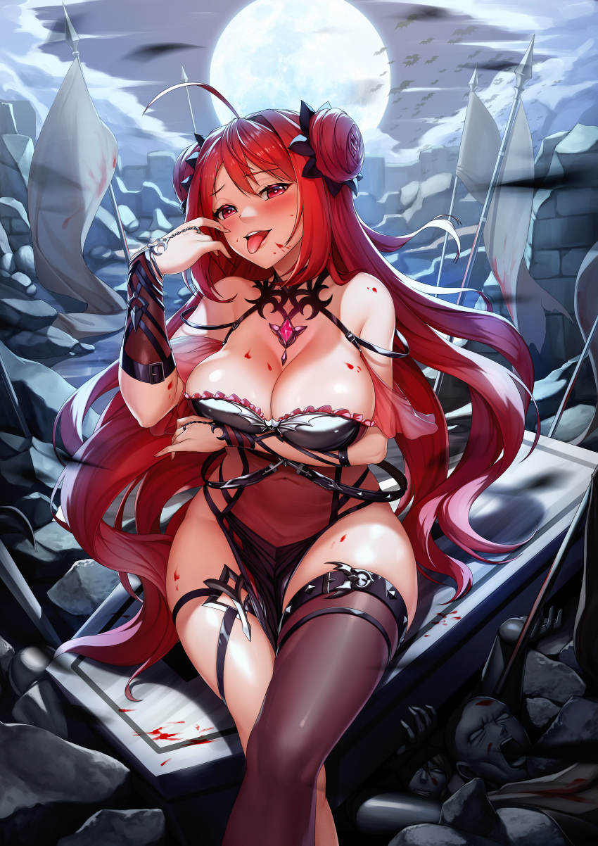 1girl :d :p absurdres ahoge arm_under_breasts asymmetrical_gloves bare_shoulders bat belt blood blush bow breasts bridal_gauntlets brown_legwear choker cleavage coffin double_bun erze_(king's_raid) fangs frills full_moon gloves hair_ornament hand_up head_tilt highres huge_filesize jai_(whany1998) king's_raid large_breasts legs_crossed long_hair looking_at_viewer moon night open_mouth outdoors red_eyes red_hair ruby_(gemstone) single_thighhigh sitting smile solo thigh_strap thighhighs thighlet tongue tongue_out very_long_hair