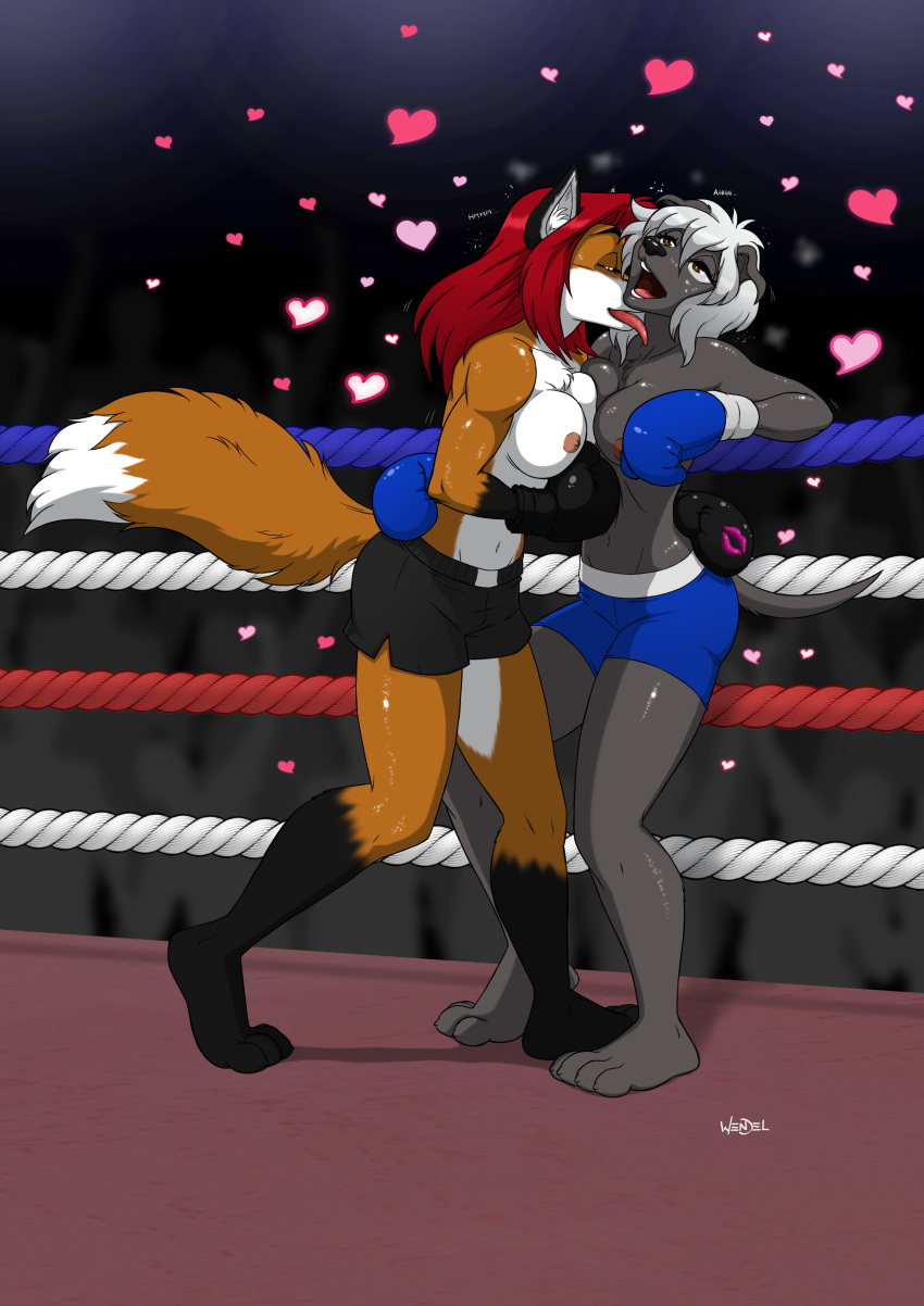&lt;3 2019 4_toes absurd_res anthro areola athletic black_fur black_nose bottomwear boxing boxing_gloves breast_squish breasts breasts_frottage brown_eyes canid canine canis chest_tuft claws clothed clothing dipstick_tail domestic_dog duo eyebrows eyelashes female female/female fight fighting_ring fox fur gloves_(marking) grey_belly grey_breasts grey_fur grey_tail greyhound gutpunch hair half-closed_eyes hi_res hunting_dog inner_ear_fluff jessica_becker licking looking_pleasured mammal markings motion_lines multicolored_fur multicolored_tail navel nipples open_mouth orange_fur orange_tail pink_areola pink_nipples pink_tongue punch punching red_hair shorts sighthound signature socks_(marking) sport sweat teeth toe_claws toes tongue tongue_out topless tuft velvet_(zombiefist25) wendel_fragoso white_belly white_breasts white_fur white_hair white_tail