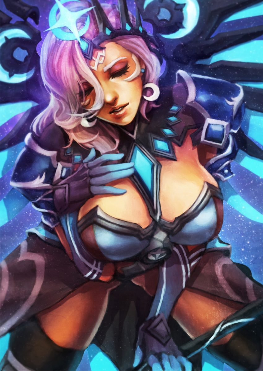 1girl absurdres alternate_costume alternate_hair_color atlantic_mercy black_legwear breasts cleavage commentary crown earrings english_commentary eyelashes eyes_closed eyeshadow forehead_jewel hair_over_one_eye highres jewelry large_breasts lips makeup mercy_(overwatch) monori_rogue nose overwatch pink_hair solo stud_earrings thighhighs