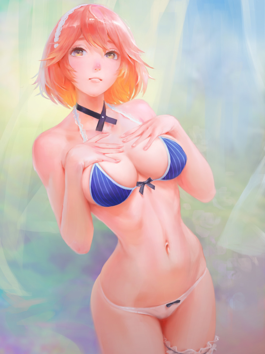 1girl arata_yokoyama bangs bare_arms bare_shoulders bikini blue_background blue_bikini_top blush bow_bikini breast_suppress breasts brown_eyes cleavage collarbone cowboy_shot curtains gradient gradient_background gradient_hair hairband hands_on_own_chest highres leg_garter legs_together looking_at_viewer medium_breasts mismatched_bikini multicolored_hair narrow_waist navel nose_blush orange_hair original parted_lips pink_hair short_hair skindentation smile solo standing stomach striped striped_bikini_top swimsuit vertical_stripes white_bikini_bottom white_hairband